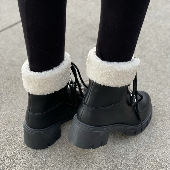 Black Lace-up Combat boot with faux fur ankle cuff - Picture 7 of 13